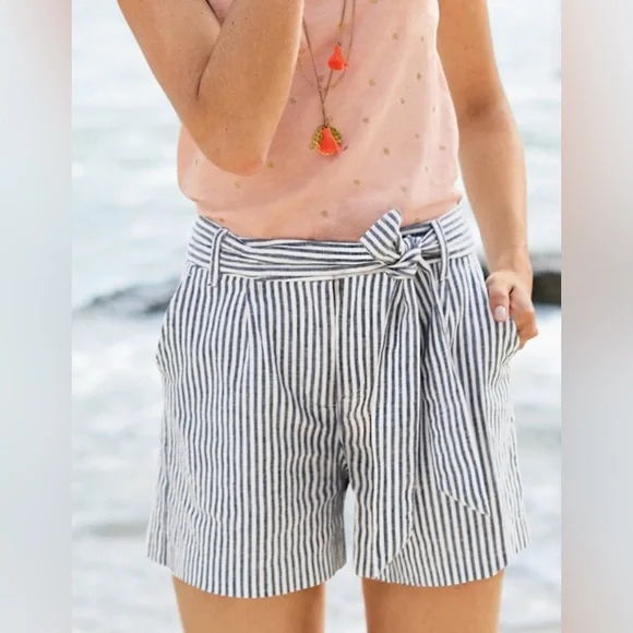 Boden Cora Striped Linen Tie Waist Shorts Blue White US 6 NWT Summer Beach Casua - Picture 1 of 5
